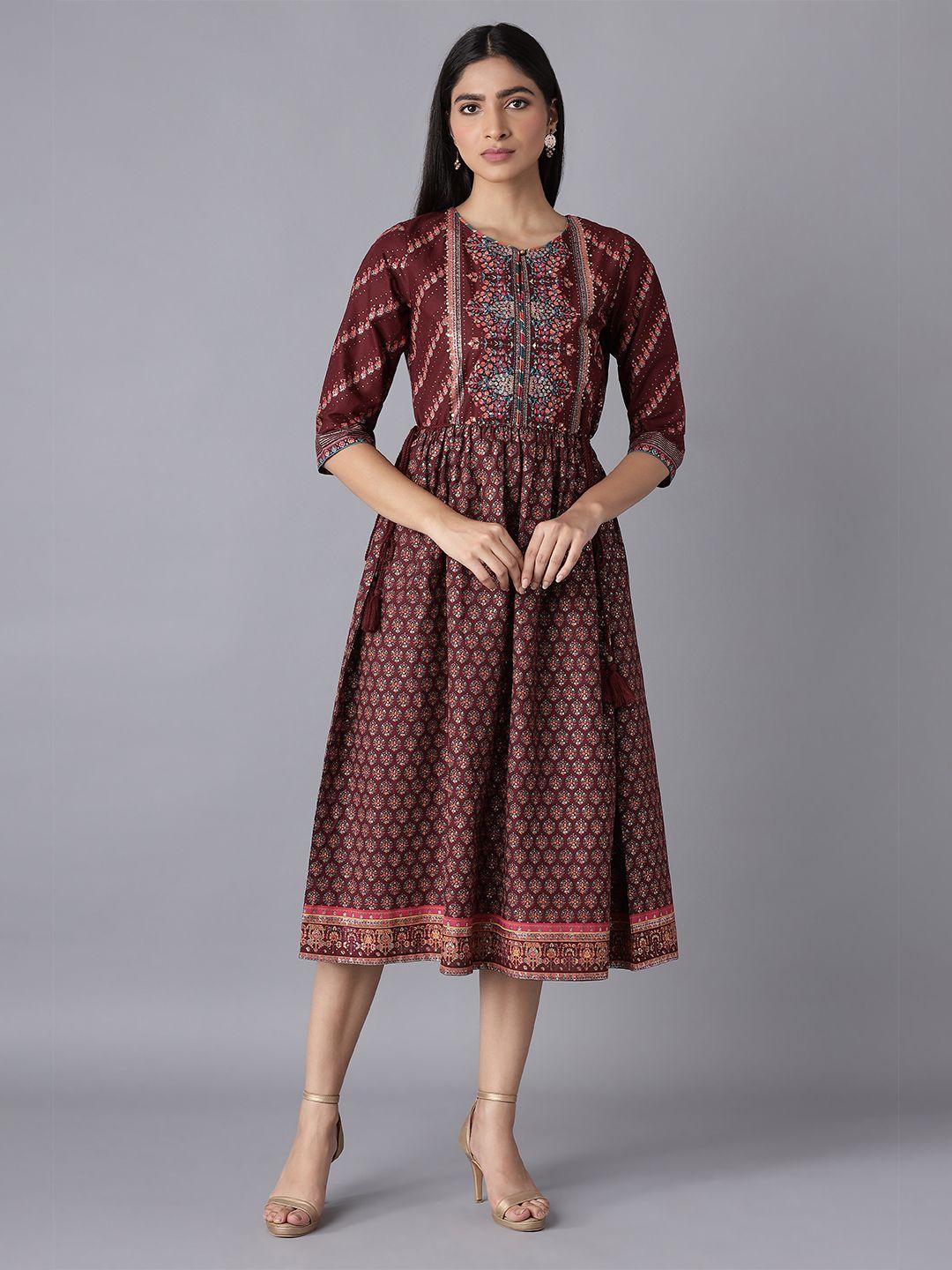 w maroon ethnic motifs ethnic midi dress