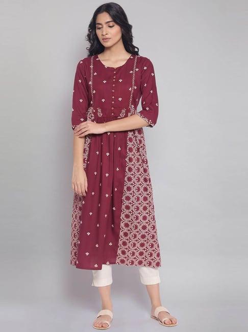 w maroon flared gathered embroidery dress