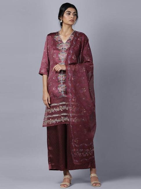 w maroon floral kurta & parallel pants with dupatta set