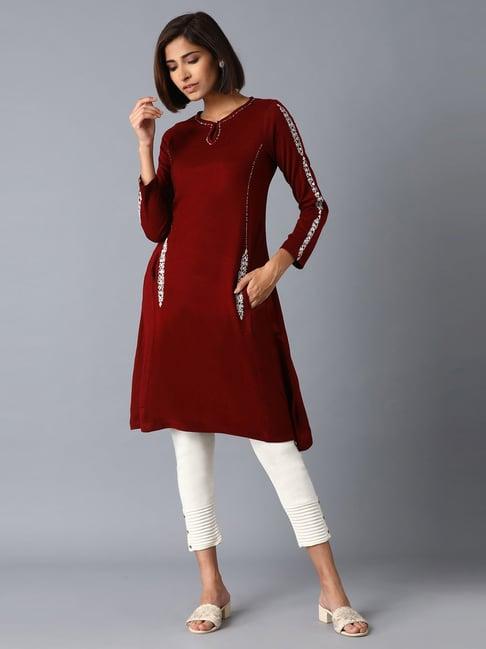 w maroon regular fit a line kurta