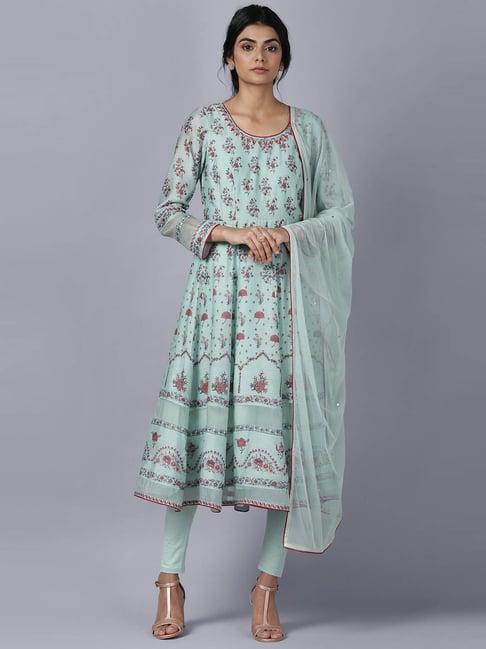 w mint floral anarkali kurta & tights-drape set