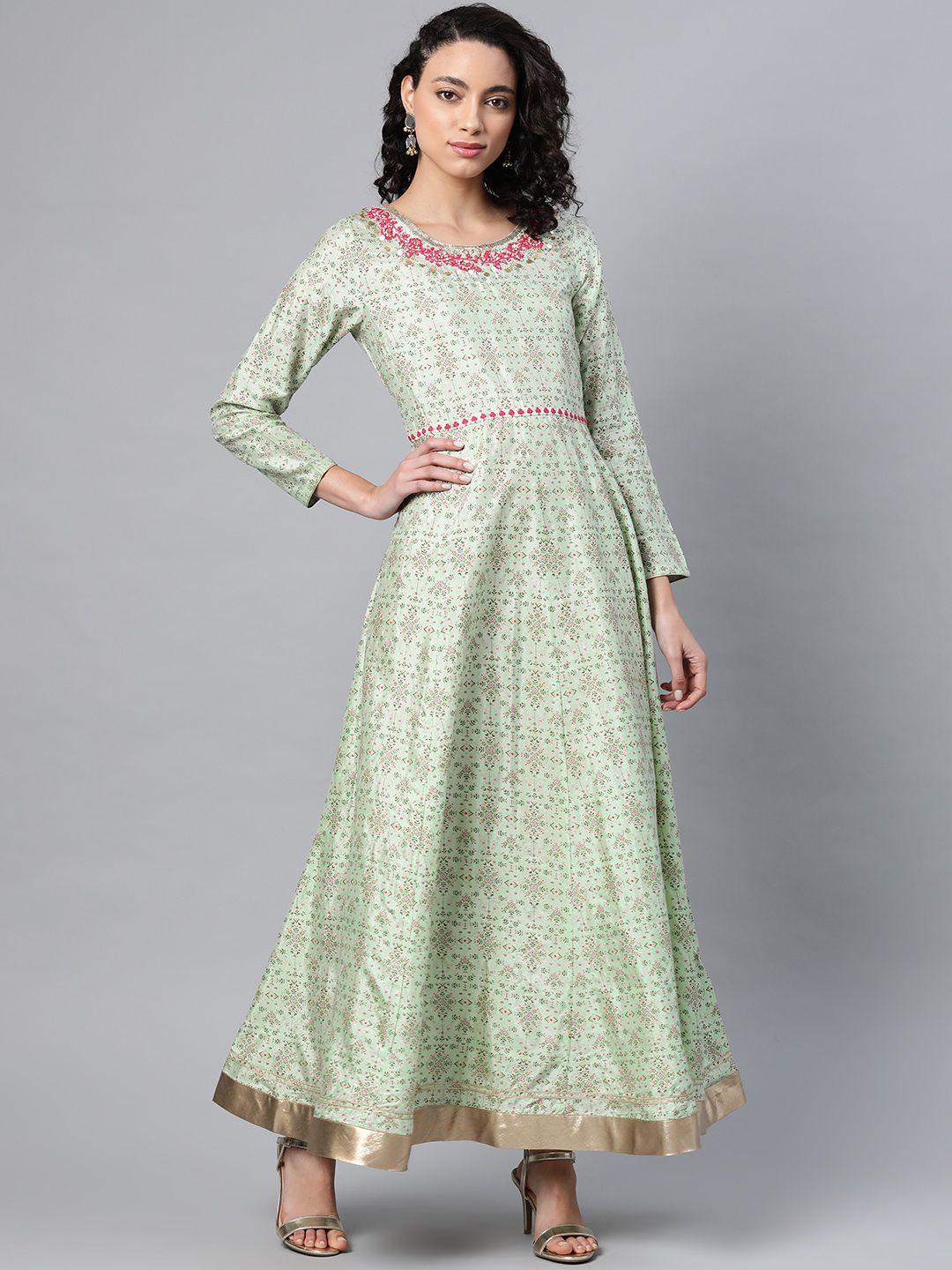 w mint green & pink ethnic motifs printed anarkali maxi dress