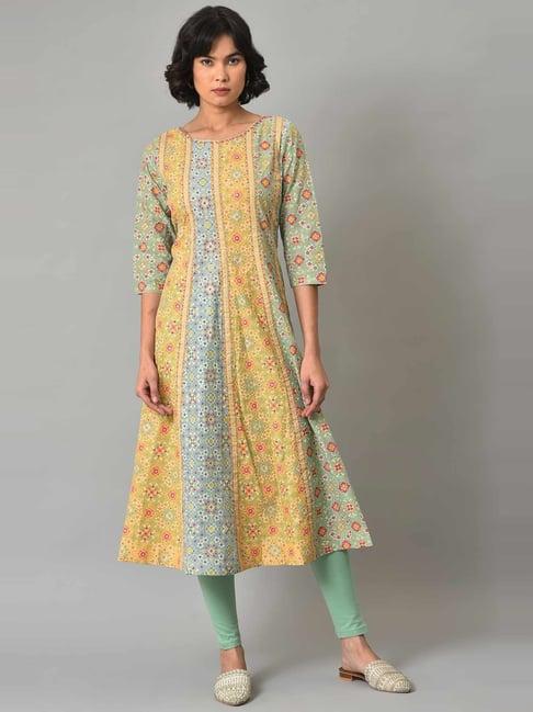 w mint green & yellow cotton printed kurta pant set