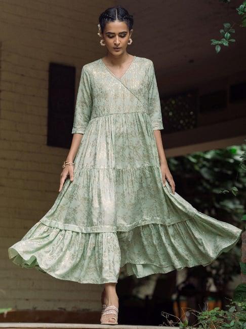 w mint green floral print a-line dress