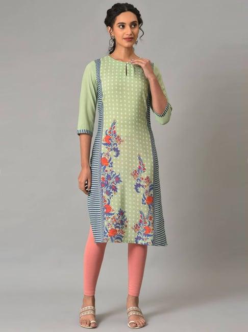 w mint green floral print straight kurta