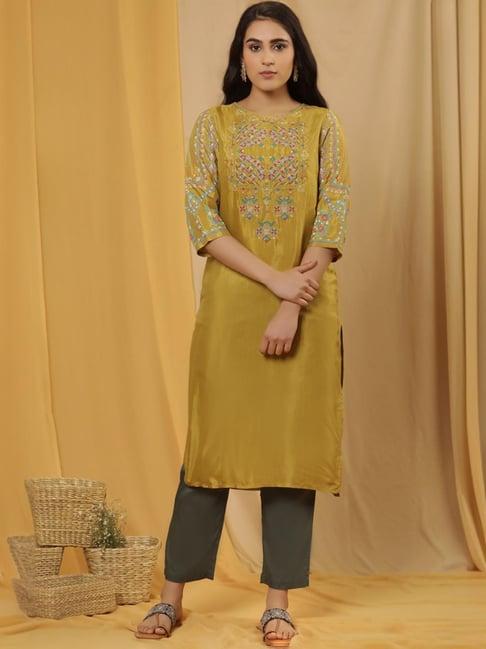 w mustard & green printed kurta pant set