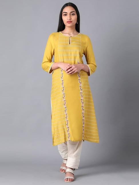 w mustard embroidered straight kurta