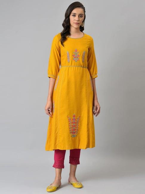 w mustard floral print a line kurta