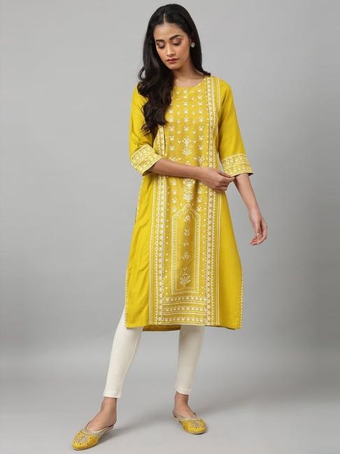 w mustard floral print straight kurta