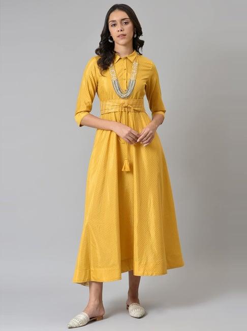 w mustard polka dots a-line dress