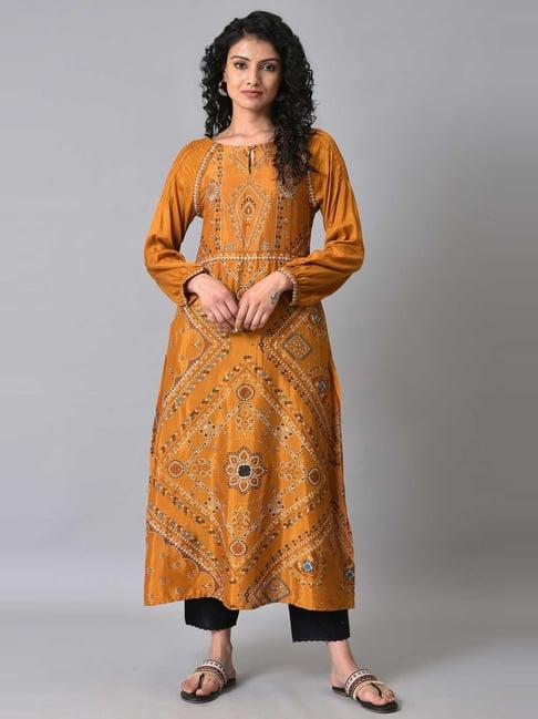 w mustard printed a line kurta