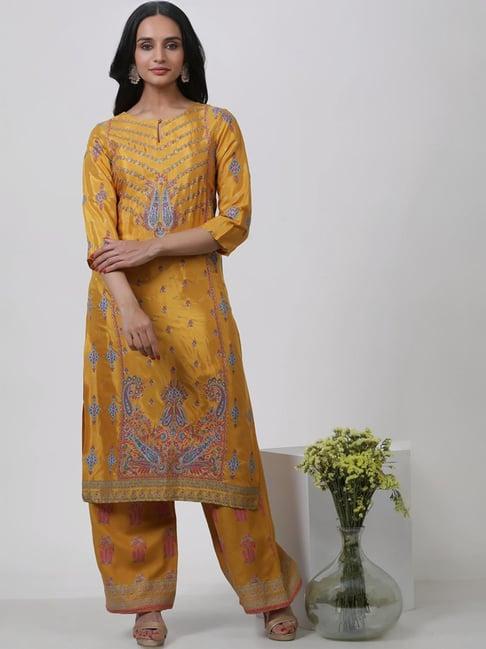 w mustard printed kurta palazzo set