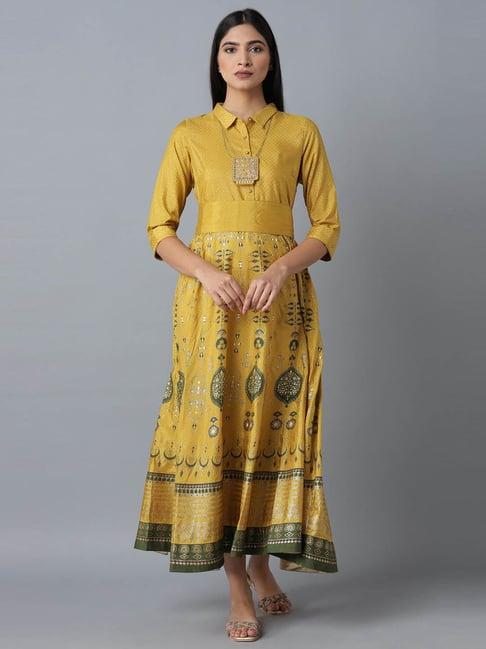 w mustard printed maxi dress