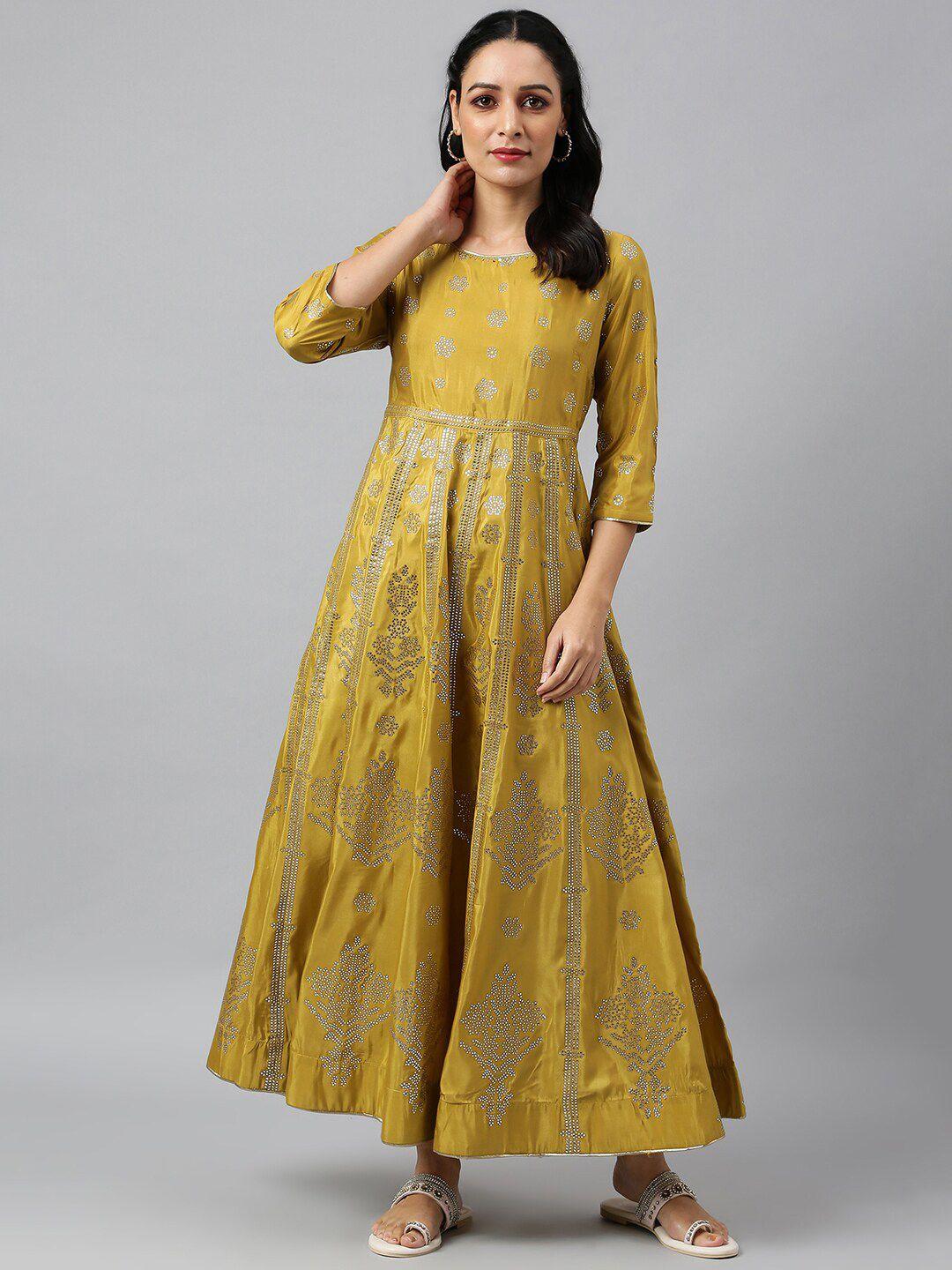 w mustard yellow & silver-toned ethnic motifs satin ethnic maxi dress