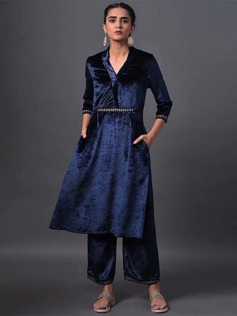 w navy blue velvet kurta with embroidered belt and straight pants