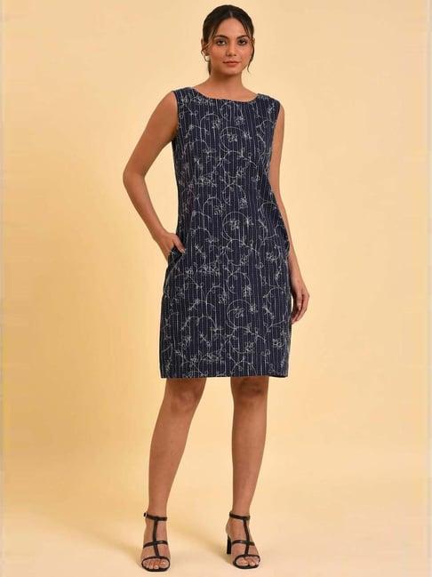 w navy cotton printed shift dress