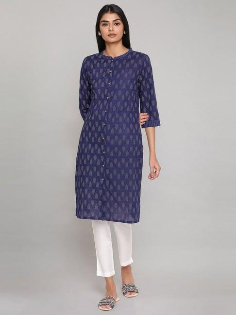 w navy cotton printed straight kurta