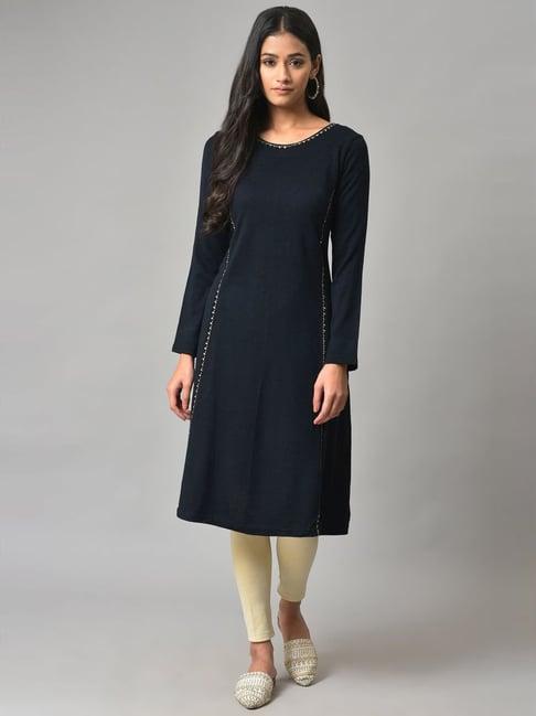 w navy embellished a line winter kurta