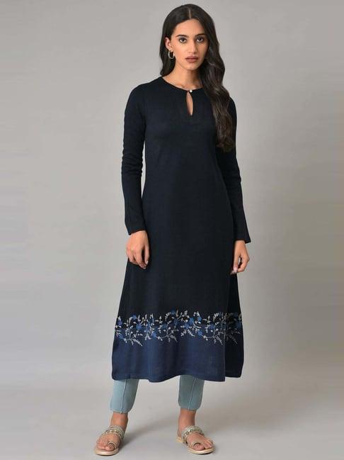 w navy floral print a line winter kurta