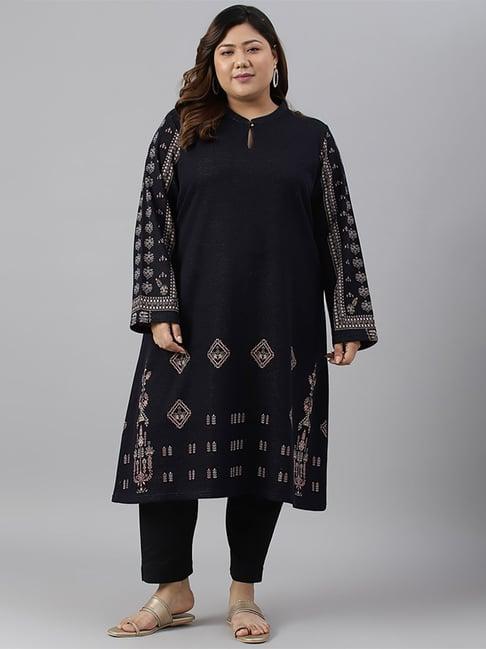 w navy printed a line winter kurta