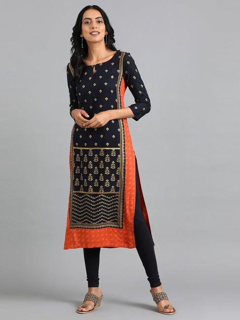 w navy printed straight kurti