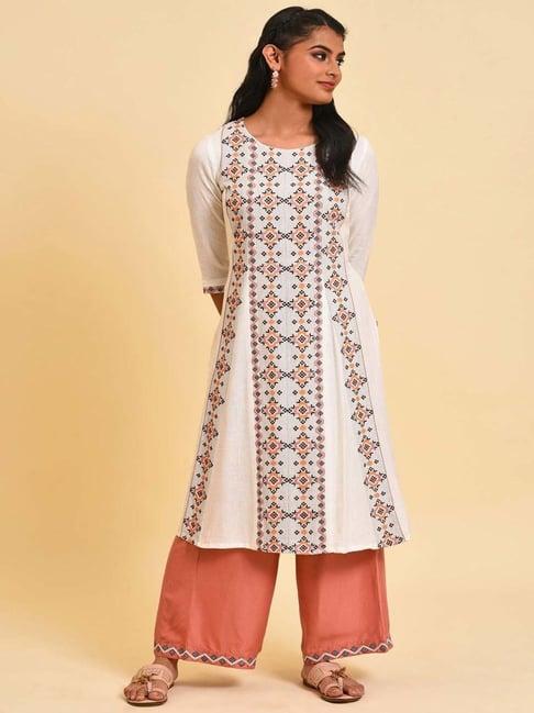 w off-white & peach cotton embroidered kurta palazzo set