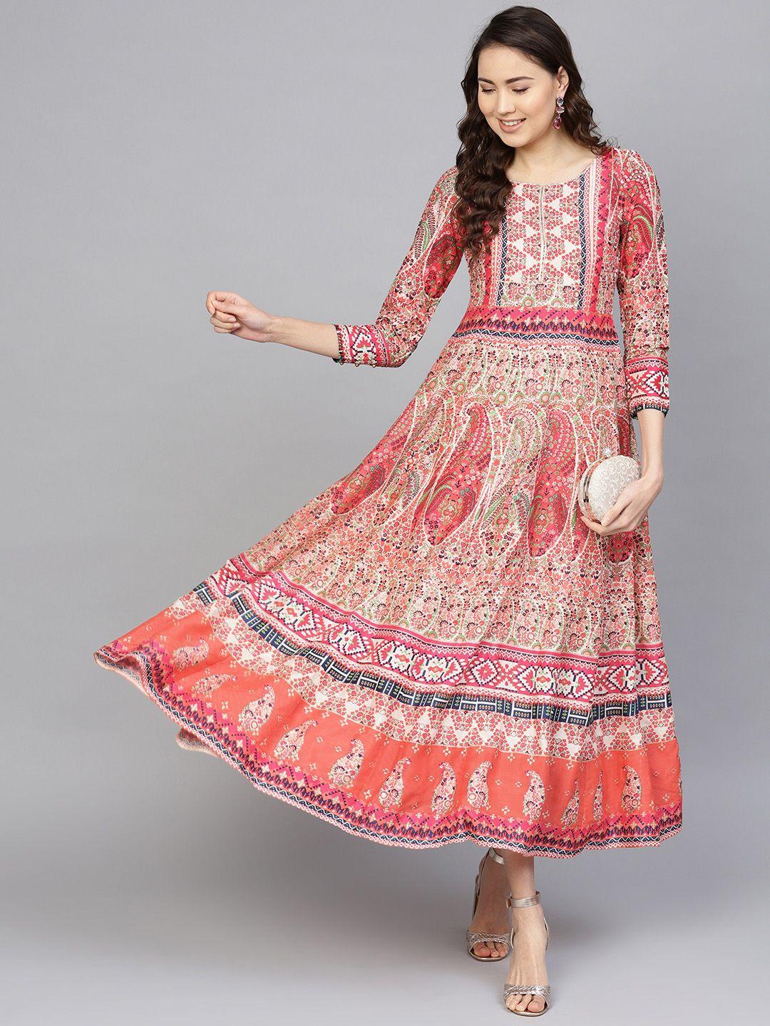w off-white & pink ethnic motifs printed maxi dress