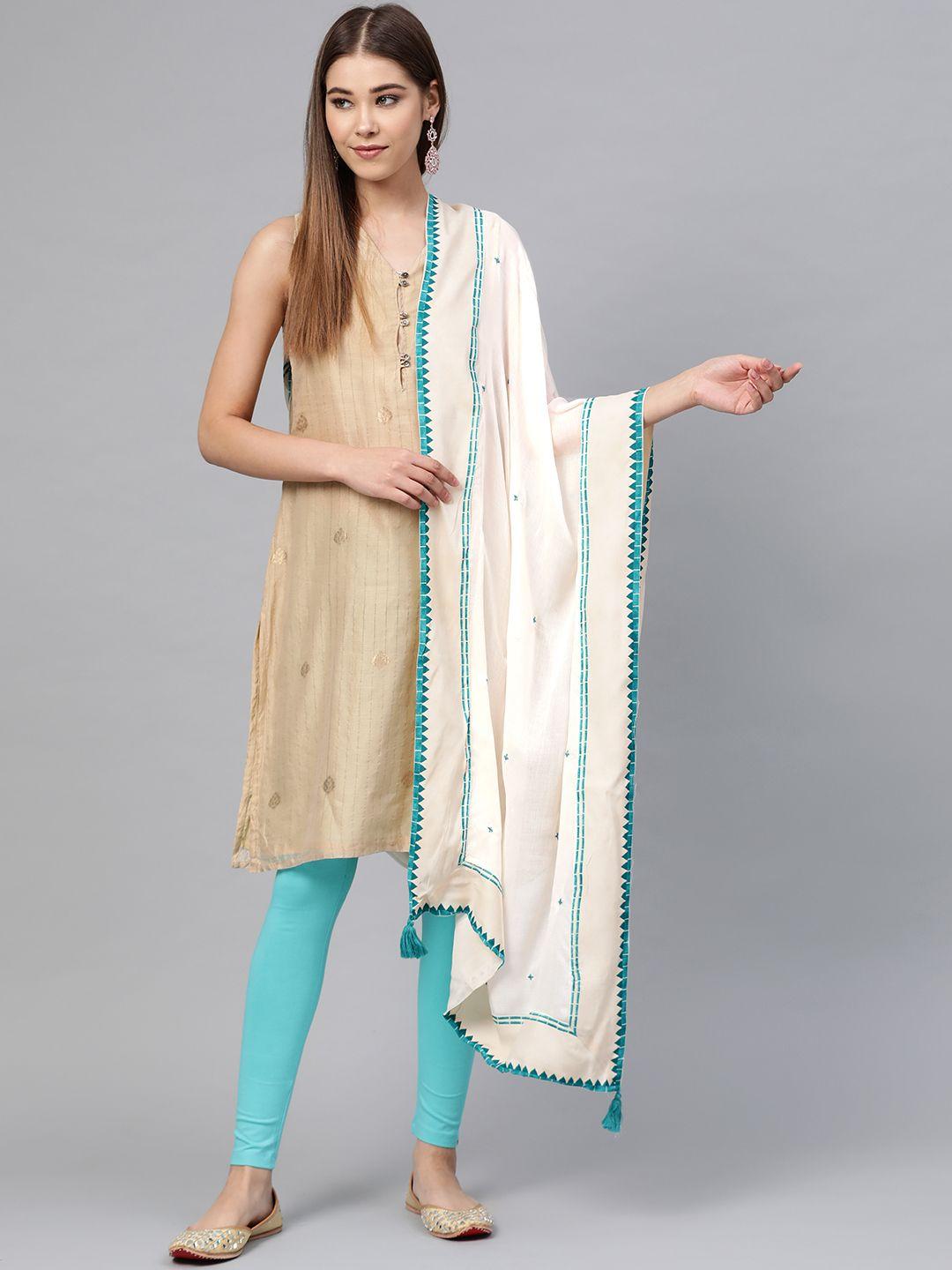 w off-white & teal blue embroidered dupatta