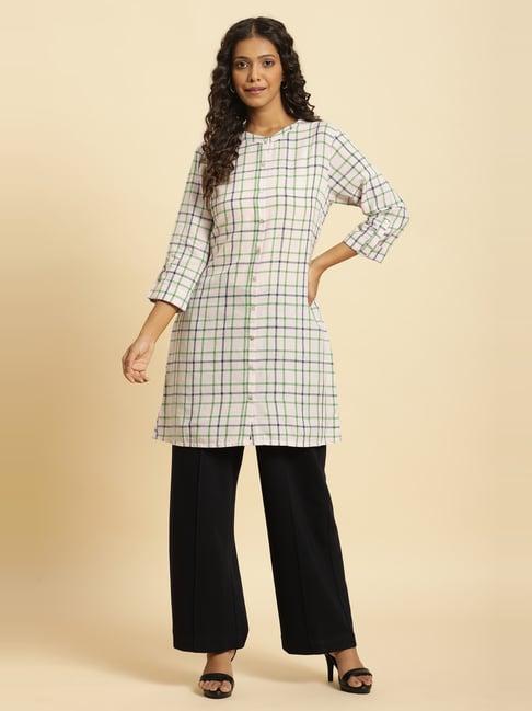 w off-white cotton chequered a line kurti