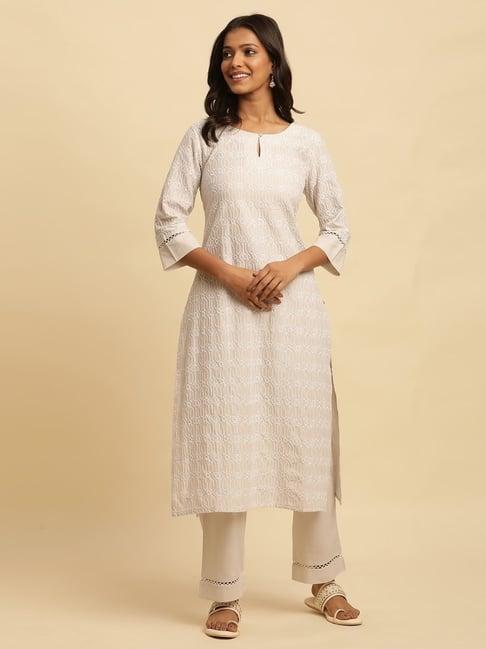 w off-white cotton embroidered kurta pant set