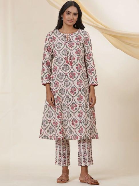 w off-white cotton printed a-line kurta