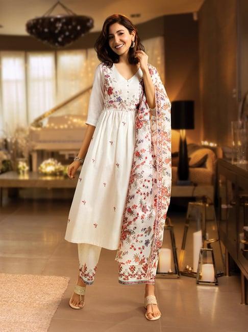 w off-white cotton printed kurta palazzo set with dupatta