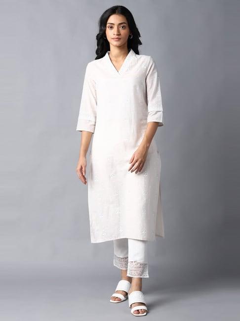 w off-white cotton printed kurta pant set
