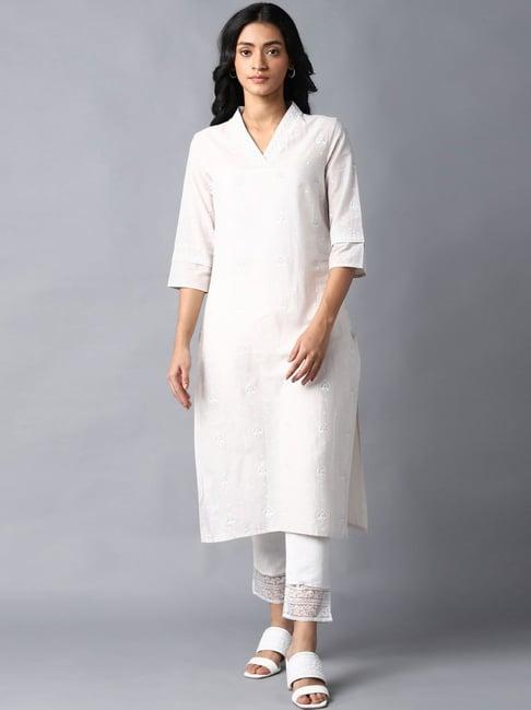 w off-white floral print straight kurta