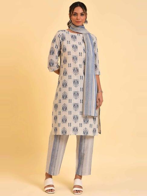 w off-white printed kurti pant set with dupatta