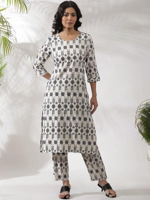 w off white rayon embroidered kurta pant set