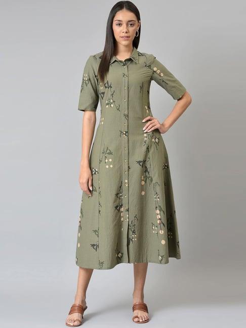 w olive green cotton floral print a-line dress