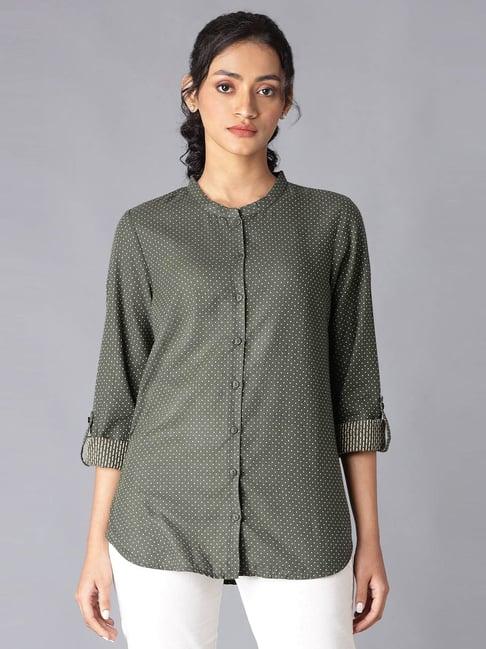 w olive green cotton printed shirt