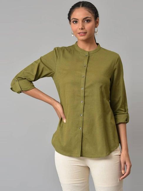 w olive green cotton regular fit tunic