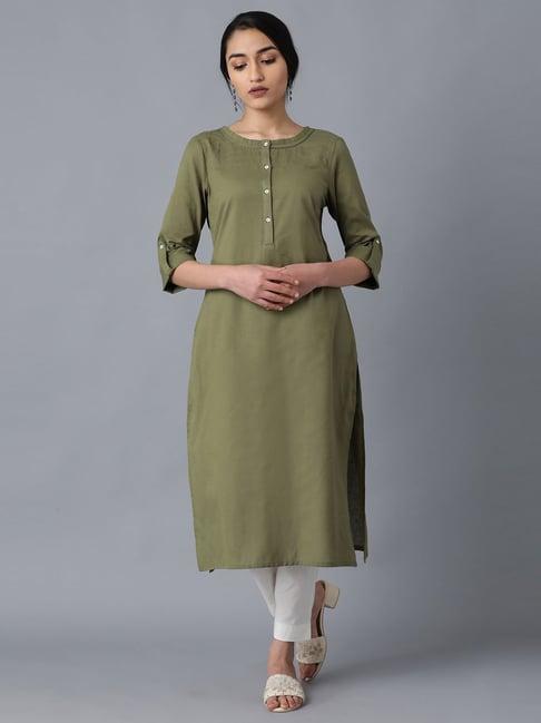 w olive green cotton straight kurta