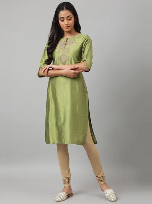 w olive green embroidered straight kurta