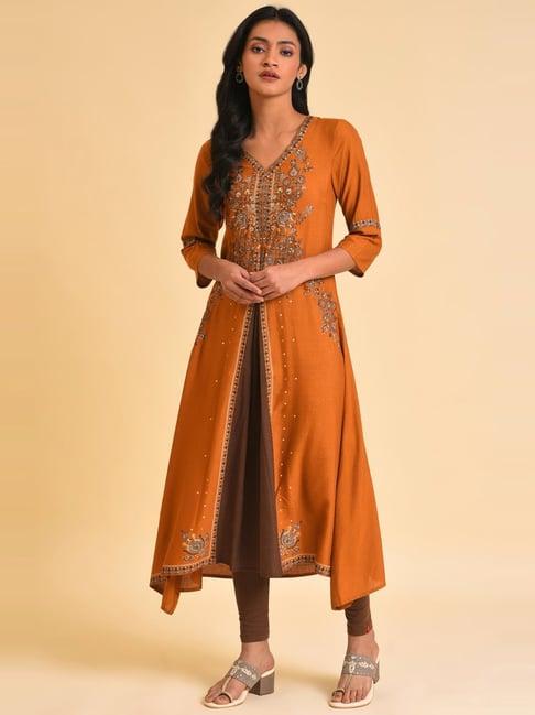 w orange & brown printed kurta pant set