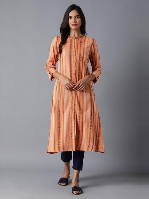 w orange cotton striped straight kurta