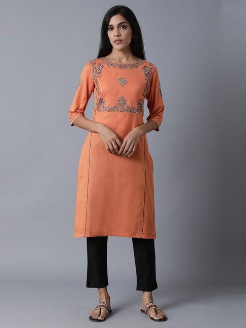 w orange embroidered a line kurta