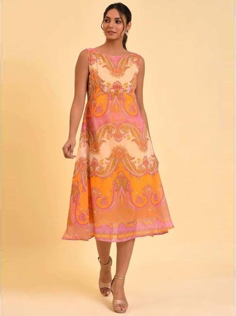 w orange printed a-line dress