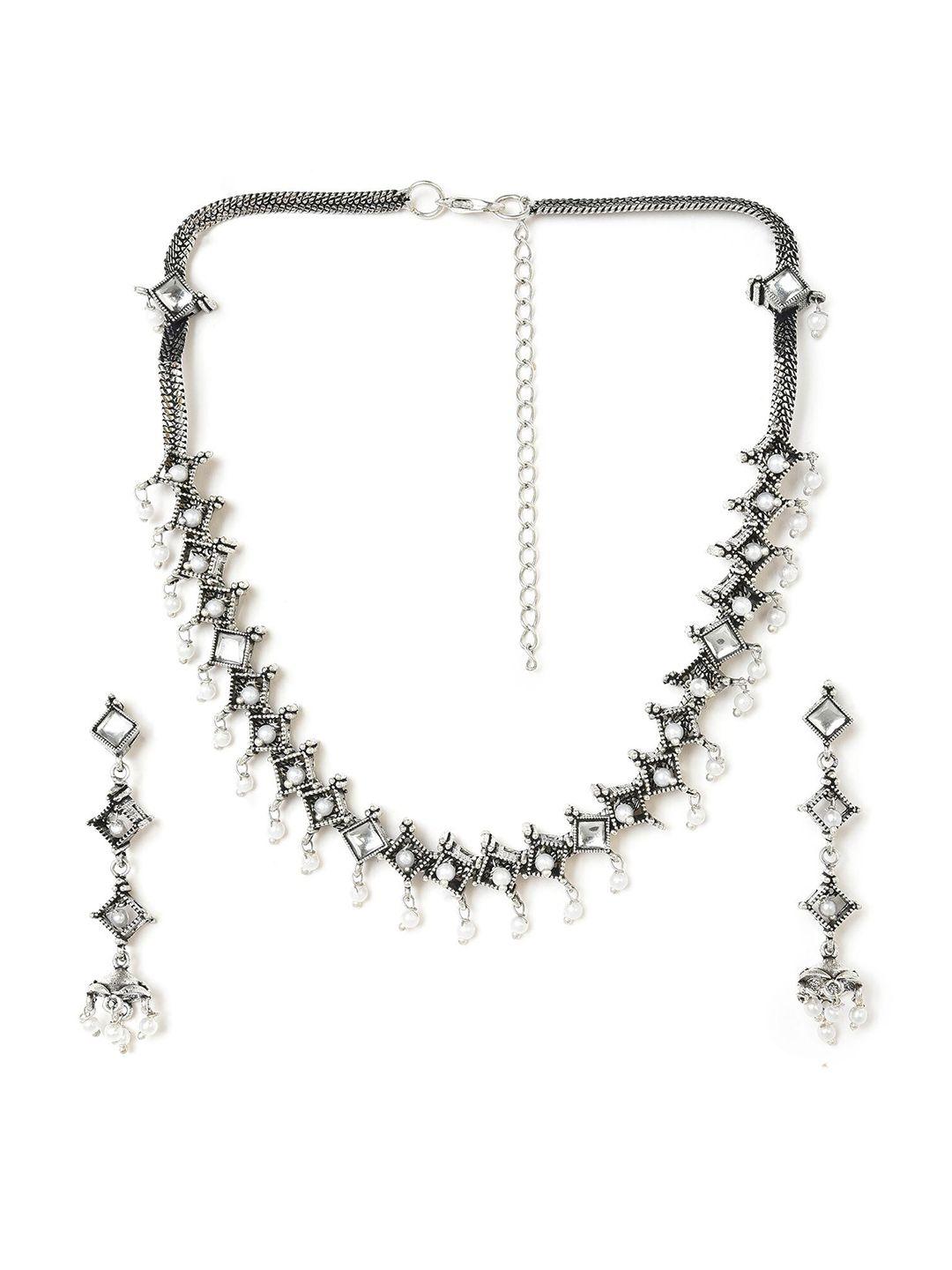 w oxidized silver-toned & white stone-studded & beaded jewellery set