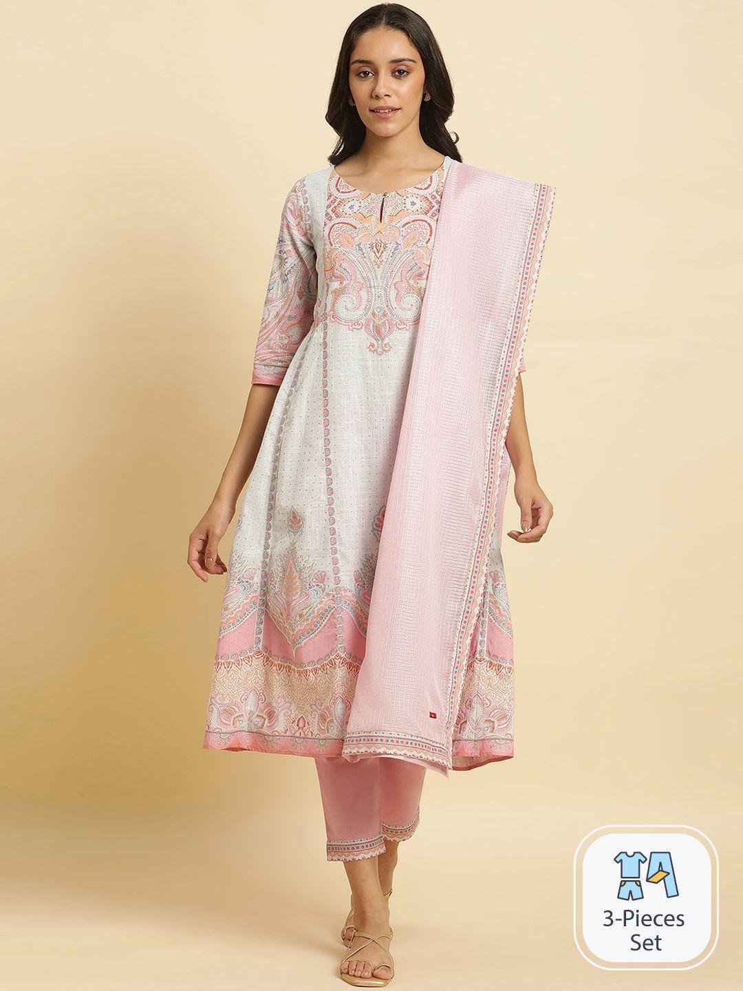 w paisley printed regular sequinned pure cotton kurta with trousers & dupatta