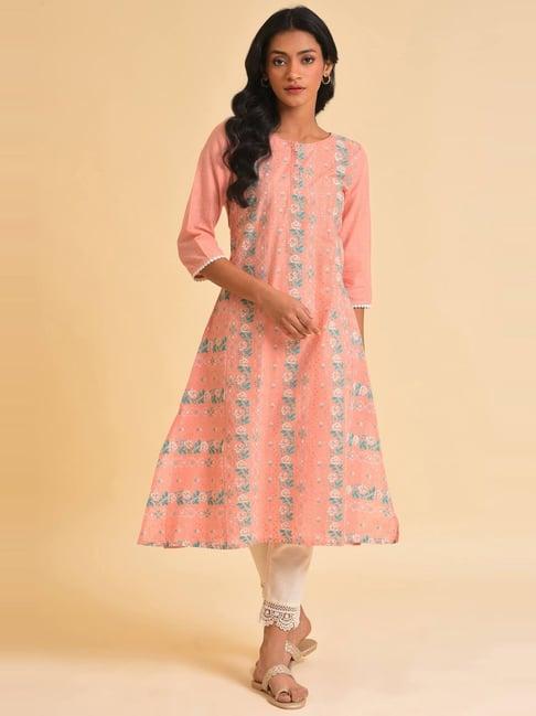 w peach & white cotton printed kurta pant set