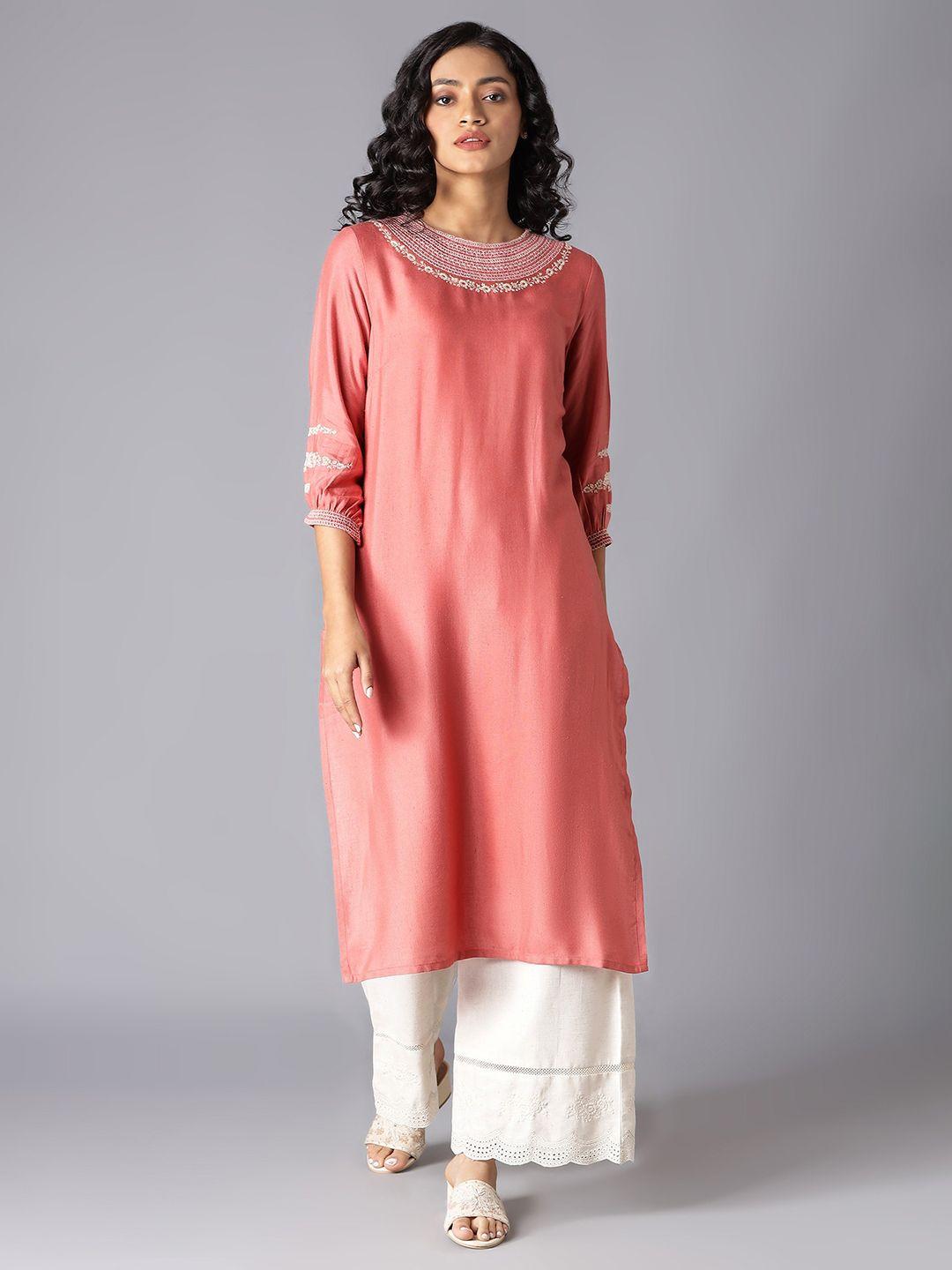 w peach-coloured & white floral embroidered boat neck kurta with palazzos