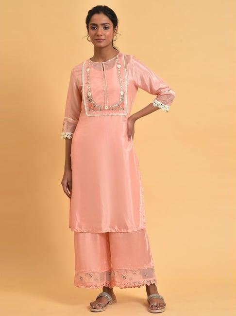 w peach embroidered straight kurta